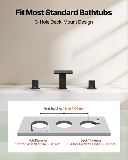 VEVOR Roman Tub Faucet, 3 Hole Waterfall Bathtub Faucet, Roman Bathtub Faucets Set with 2 Handles, Deck Mount Bath Tub Faucets Set for Pet Washing, Baby Care, Adult Bathing, Matte Black, Drip-Free - DFPTKBDHS2GS1UUDJ001V0 - view 4