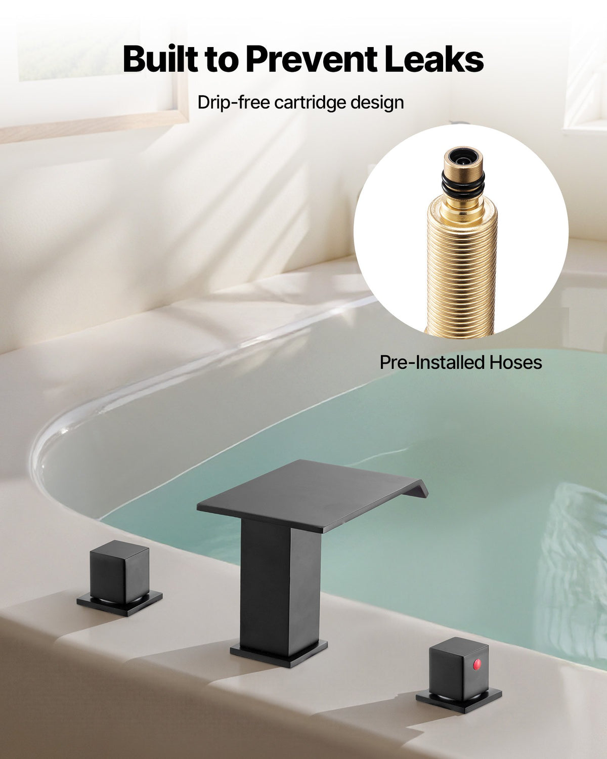 VEVOR Roman Tub Faucet, 3 Hole Waterfall Bathtub Faucet, Roman Bathtub Faucets Set with 2 Handles, Deck Mount Bath Tub Faucets Set for Pet Washing, Baby Care, Adult Bathing, Matte Black, Drip-Free - DFPTKBDHS2GS1UUDJ001V0 - view 6