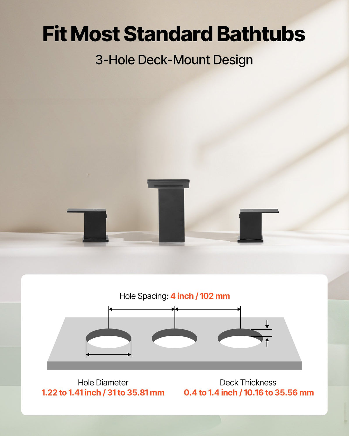 VEVOR Roman Tub Faucet, Bath Tubs Faucets Set with 2 Handles, Roman Tub Faucets Deck Mount for Pet Washing, Baby Care, Adult Bathing, Matte Black, Stainless Steel, 3 Hole Waterfall Bathtub Faucet - DFPTKBDHS2GS9BUIK001V0 - view 4