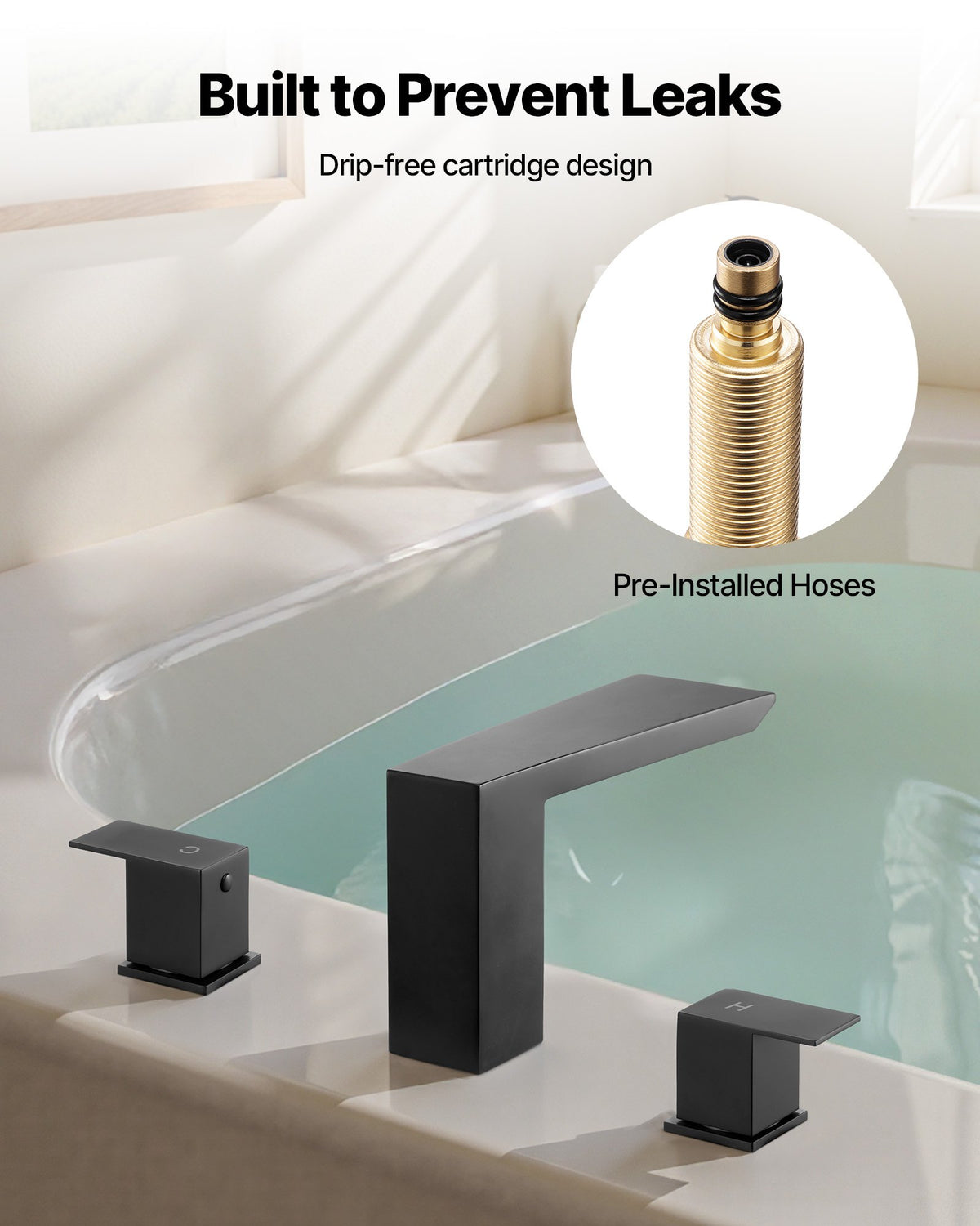 VEVOR Roman Tub Faucet, Bath Tubs Faucets Set with 2 Handles, Roman Tub Faucets Deck Mount for Pet Washing, Baby Care, Adult Bathing, Matte Black, Stainless Steel, 3 Hole Waterfall Bathtub Faucet - DFPTKBDHS2GS9BUIK001V0 - view 6