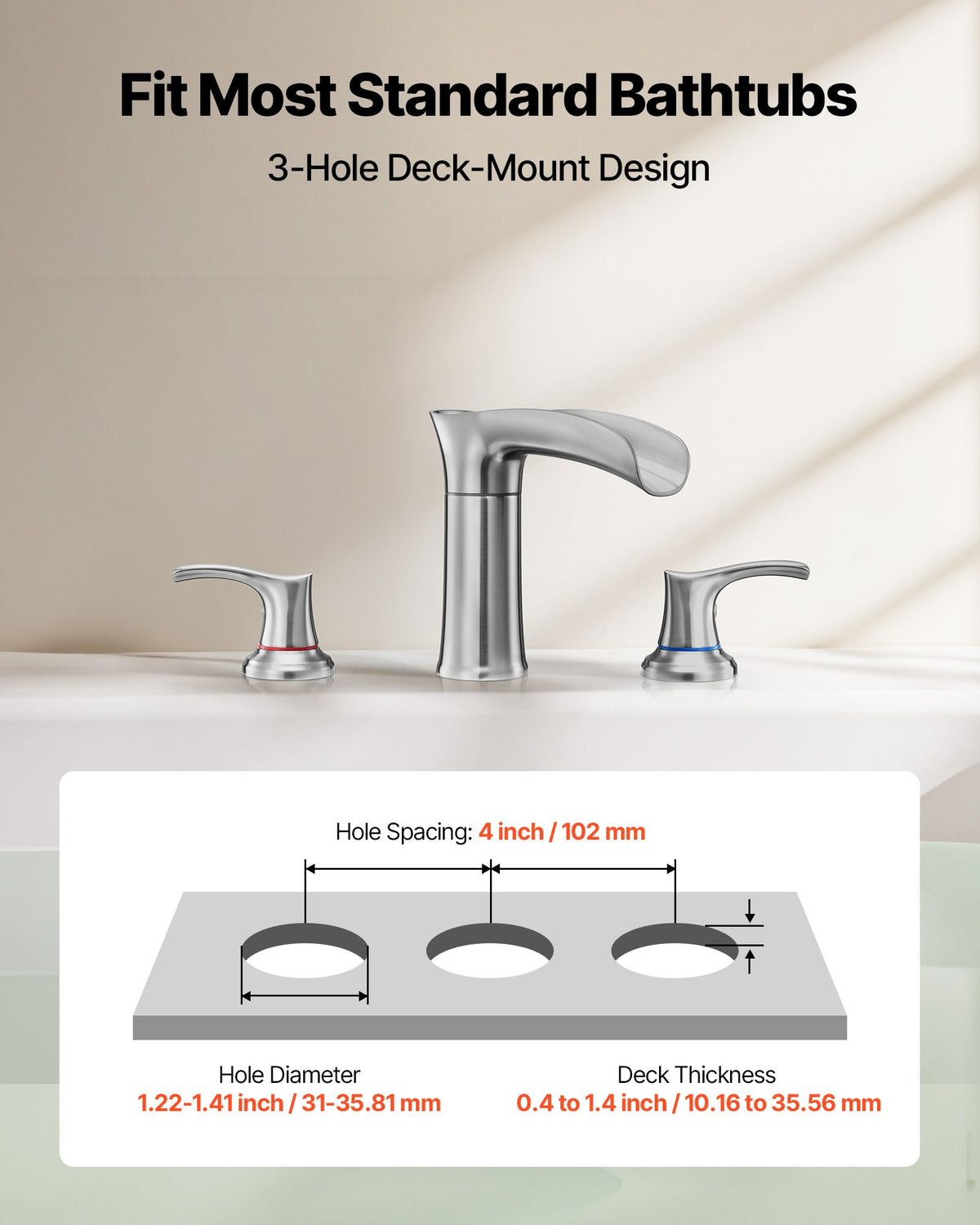 VEVOR Roman Tub Faucet, 3 Hole Waterfall Bathtub Faucet, Zinc Alloy Bath Tubs Faucets Set with 2 Handles, Deck Mount Bath Tub Faucets Set for Pet Washing, Adult Bathing, Silver, Hot & Cold Control - DFPTKBDHS2GSA6RHY001V0 - view 4