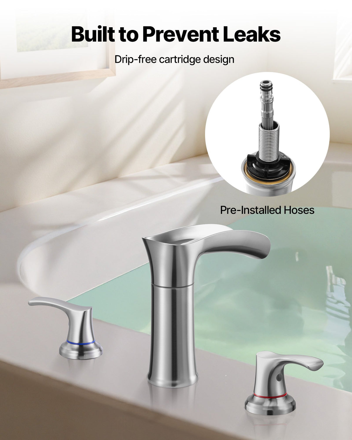 VEVOR Roman Tub Faucet, 3 Hole Waterfall Bathtub Faucet, Zinc Alloy Bath Tubs Faucets Set with 2 Handles, Deck Mount Bath Tub Faucets Set for Pet Washing, Adult Bathing, Silver, Hot & Cold Control - DFPTKBDHS2GSA6RHY001V0 - view 6