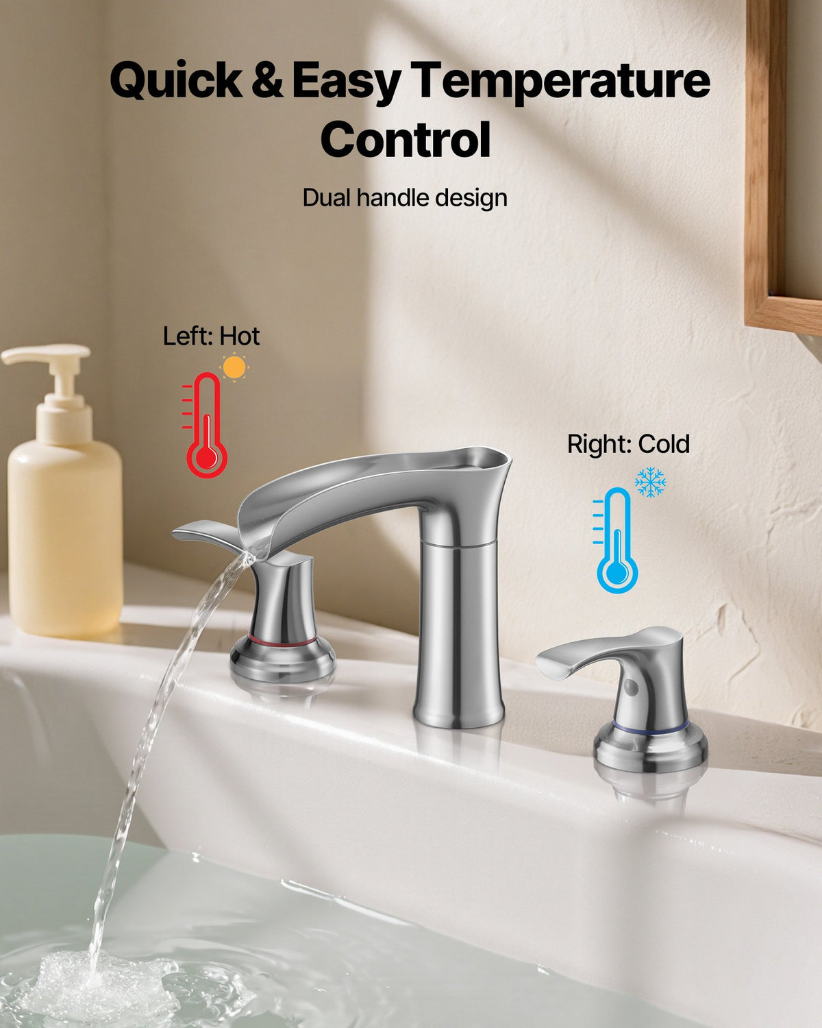 VEVOR Roman Tub Faucet, 3 Hole Waterfall Bathtub Faucet, Zinc Alloy Bath Tubs Faucets Set with 2 Handles, Deck Mount Bath Tub Faucets Set for Pet Washing, Adult Bathing, Silver, Hot & Cold Control - DFPTKBDHS2GSA6RHY001V0 - view 7