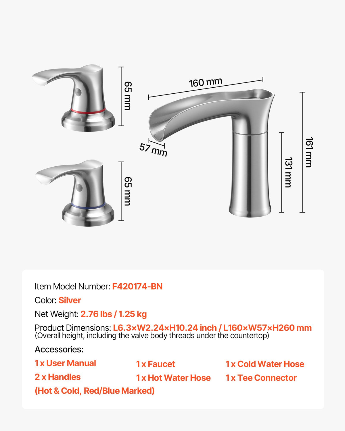 VEVOR Roman Tub Faucet, 3 Hole Waterfall Bathtub Faucet, Zinc Alloy Bath Tubs Faucets Set with 2 Handles, Deck Mount Bath Tub Faucets Set for Pet Washing, Adult Bathing, Silver, Hot & Cold Control - DFPTKBDHS2GSA6RHY001V0 - view 8
