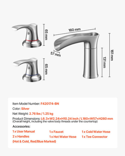 VEVOR Roman Tub Faucet, 3 Hole Waterfall Bathtub Faucet, Zinc Alloy Bath Tubs Faucets Set with 2 Handles, Deck Mount Bath Tub Faucets Set for Pet Washing, Adult Bathing, Silver, Hot & Cold Control - DFPTKBDHS2GSA6RHY001V0 - view 8