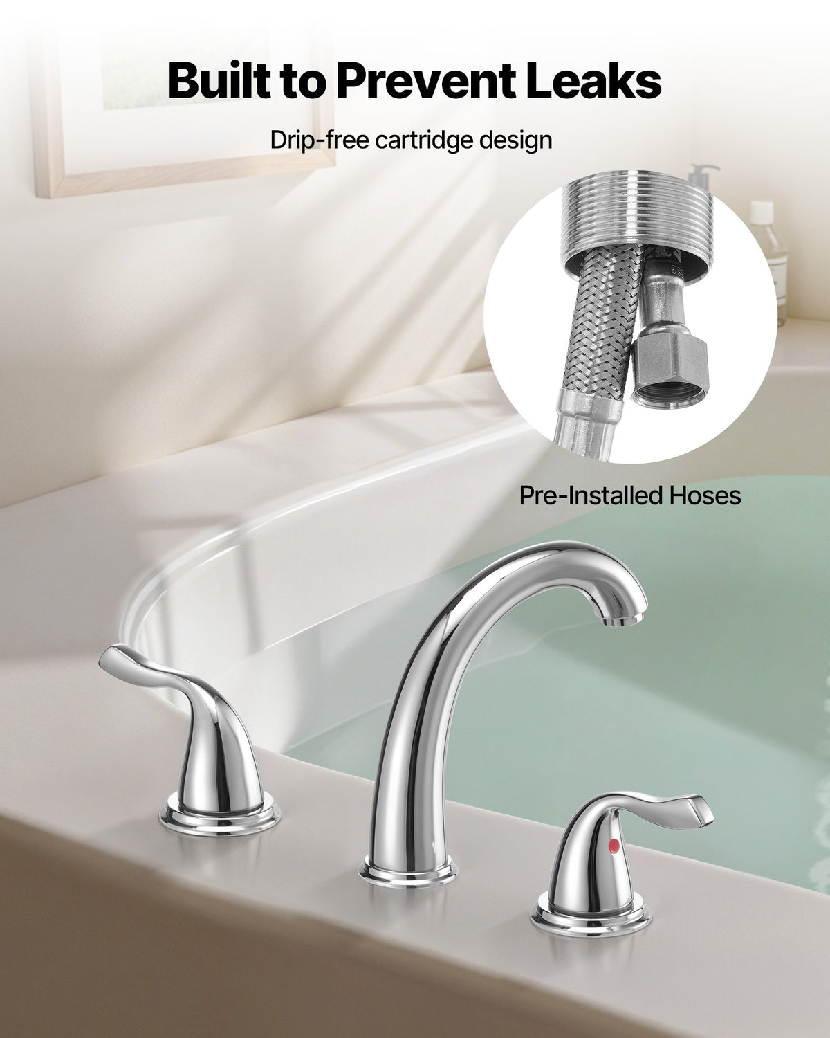 VEVOR Roman Tub Faucet, 3 Hole Waterfall Bathtub Faucet, Gooseneck Bath Tubs Faucets Set with 2 Handles, Deck Mount Bath Tub Faucets Set for Pet Washing, Adult Bathing, Silver, High Arc Spout - DFPTKBDHS2GSAURPW001V0 - view 6