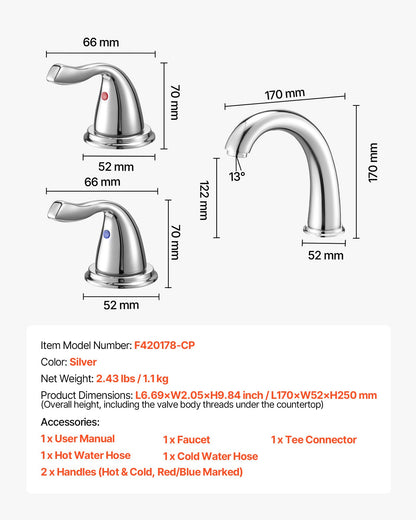 VEVOR Roman Tub Faucet, 3 Hole Waterfall Bathtub Faucet, Gooseneck Bath Tubs Faucets Set with 2 Handles, Deck Mount Bath Tub Faucets Set for Pet Washing, Adult Bathing, Silver, High Arc Spout - DFPTKBDHS2GSAURPW001V0 - view 8