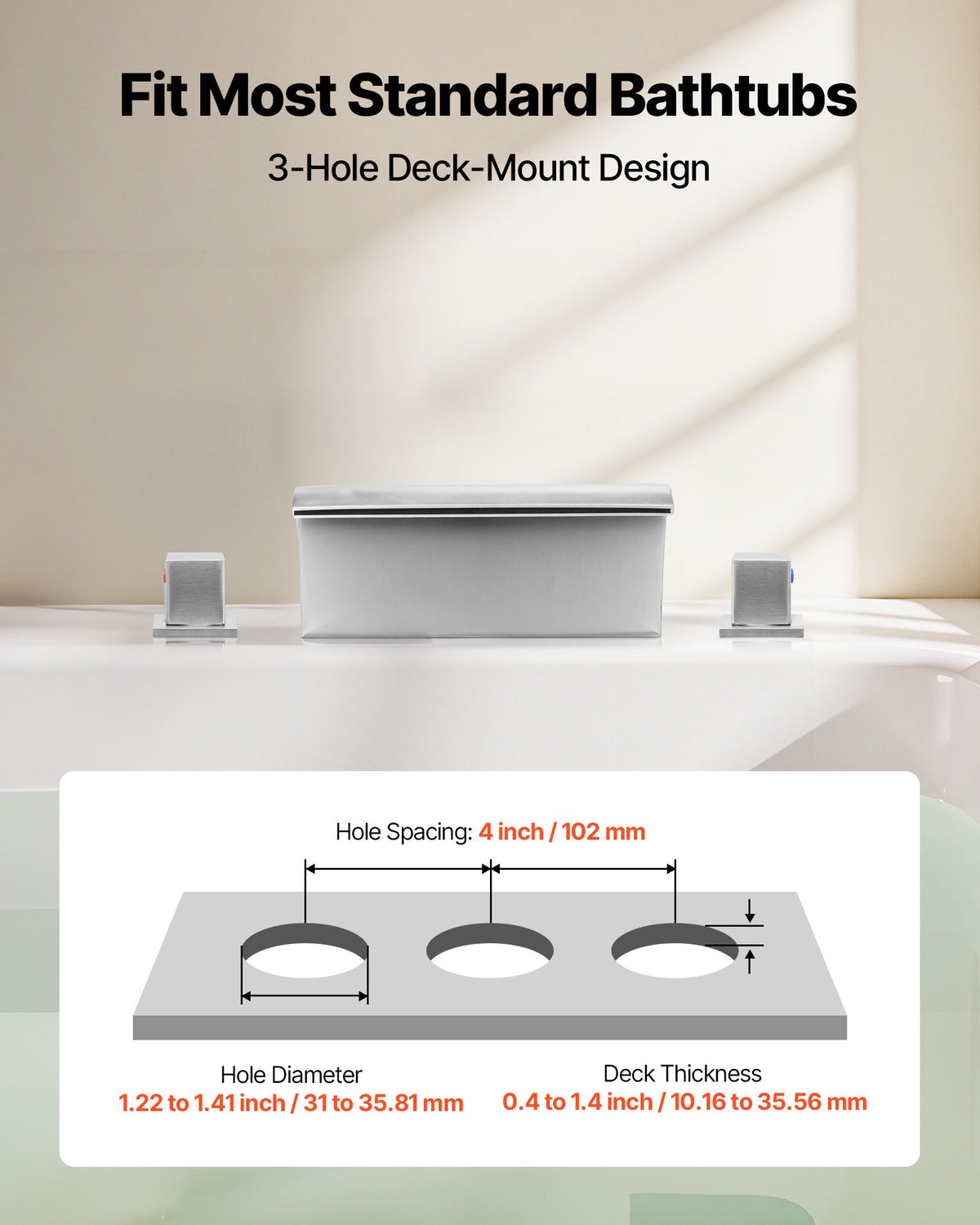 VEVOR Roman Tub Faucet, 3 Hole Waterfall Bathtub Faucet, Bath Tubs Faucets Set with 2 Handles, Deck Mount Bath Tub Faucets Set for Adult Bathing, Silver, Waterfall Spout Design, Temperature Control - DFPTKBDHS2GSHQLC1001V0 - view 4