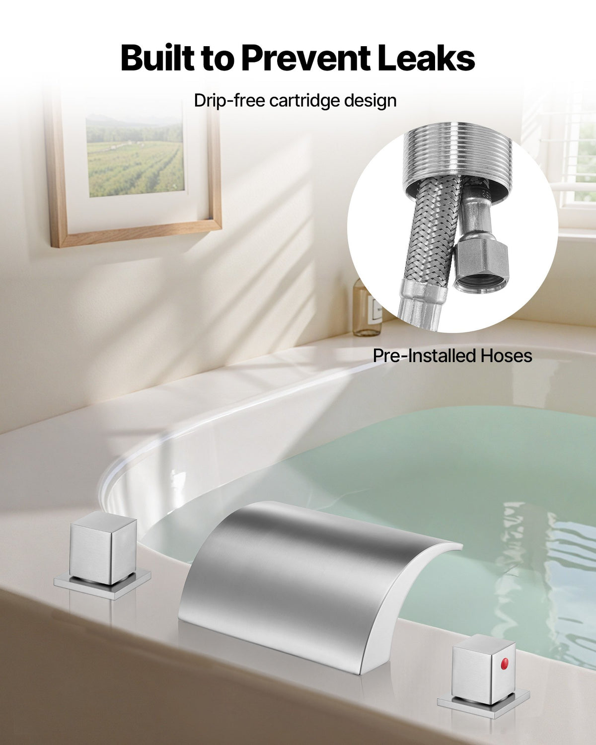 VEVOR Roman Tub Faucet, 3 Hole Waterfall Bathtub Faucet, Bath Tubs Faucets Set with 2 Handles, Deck Mount Bath Tub Faucets Set for Adult Bathing, Silver, Waterfall Spout Design, Temperature Control - DFPTKBDHS2GSHQLC1001V0 - view 6