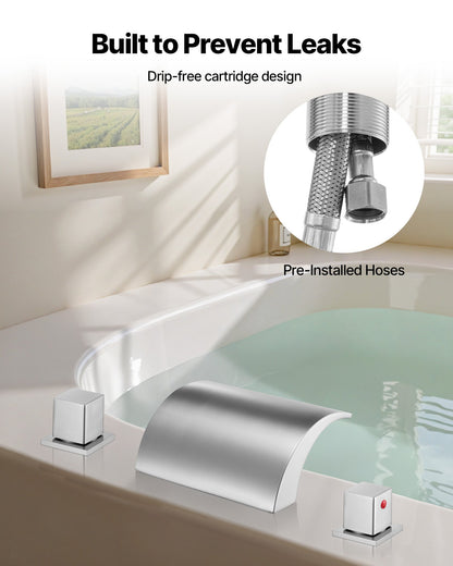 VEVOR Roman Tub Faucet, 3 Hole Waterfall Bathtub Faucet, Bath Tubs Faucets Set with 2 Handles, Deck Mount Bath Tub Faucets Set for Adult Bathing, Silver, Waterfall Spout Design, Temperature Control - DFPTKBDHS2GSHQLC1001V0 - view 6