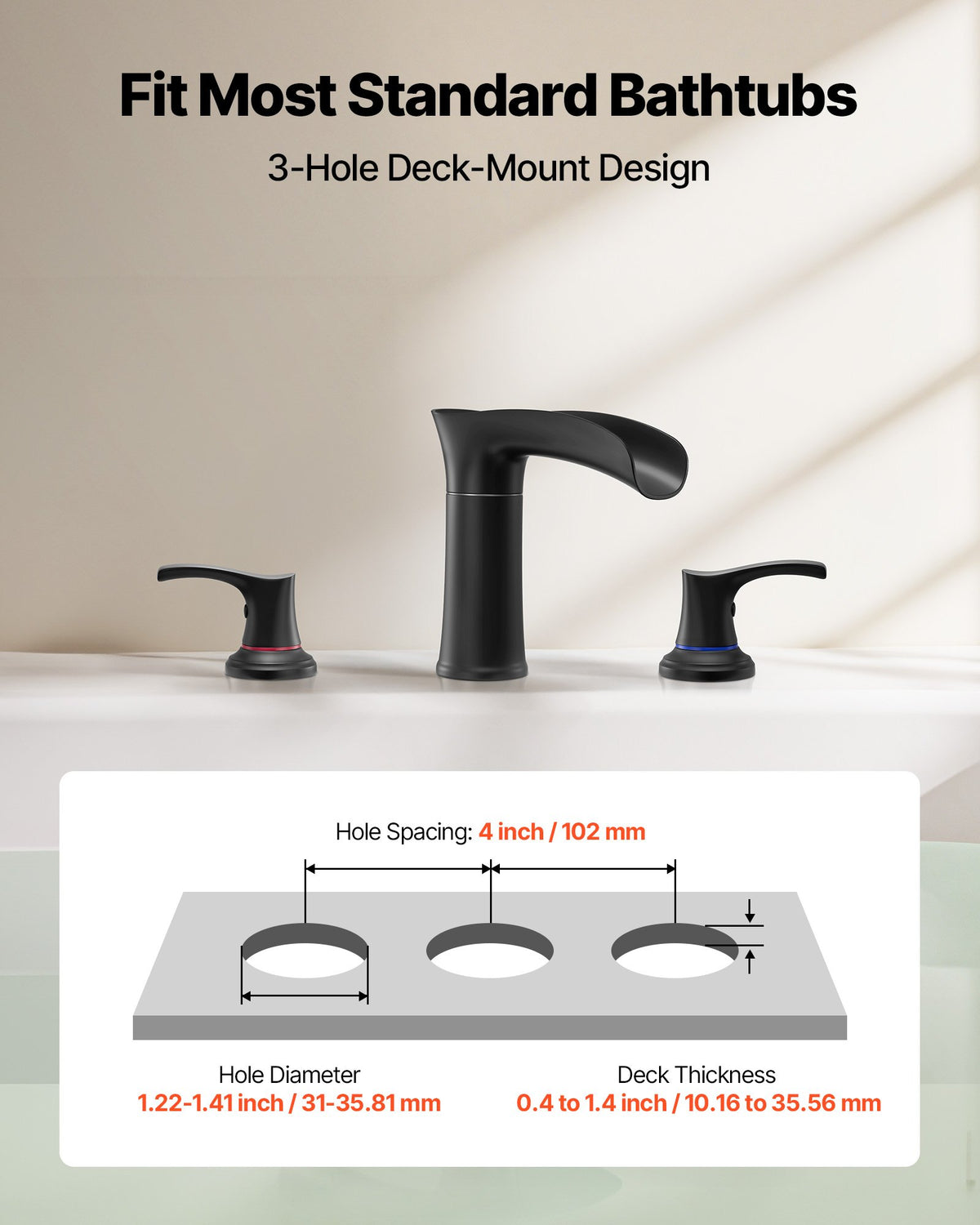 VEVOR Roman Tub Faucet, 3 Hole Waterfall Bathtub Faucet, Zinc Alloy Bath Tubs Faucets Set with 2 Handles, Deck Mount Bath Tub Faucets Set for Pet Washing, Baby Care, Adult Bathing, Matte Black - DFPTKBDHS2GSHU3A9001V0 - view 4