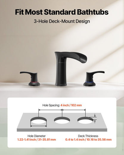 VEVOR Roman Tub Faucet, 3 Hole Waterfall Bathtub Faucet, Zinc Alloy Bath Tubs Faucets Set with 2 Handles, Deck Mount Bath Tub Faucets Set for Pet Washing, Baby Care, Adult Bathing, Matte Black - DFPTKBDHS2GSHU3A9001V0 - view 4