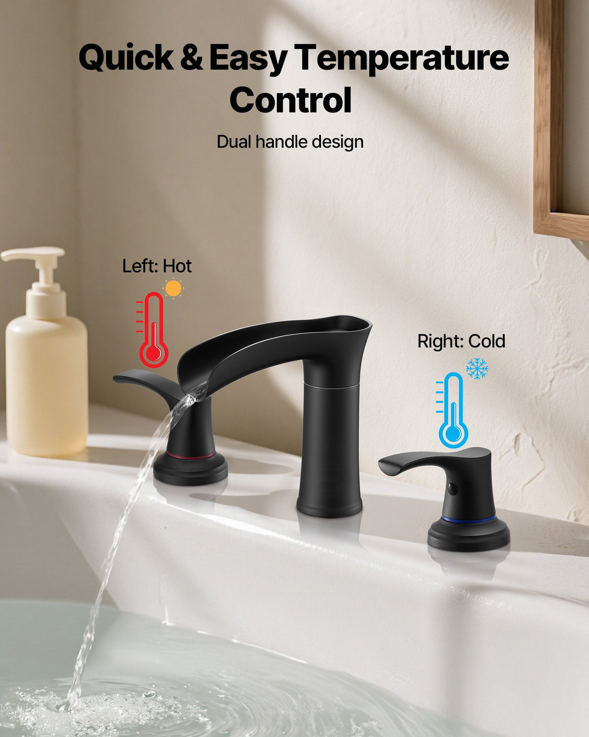 VEVOR Roman Tub Faucet, 3 Hole Waterfall Bathtub Faucet, Zinc Alloy Bath Tubs Faucets Set with 2 Handles, Deck Mount Bath Tub Faucets Set for Pet Washing, Baby Care, Adult Bathing, Matte Black - DFPTKBDHS2GSHU3A9001V0 - view 7