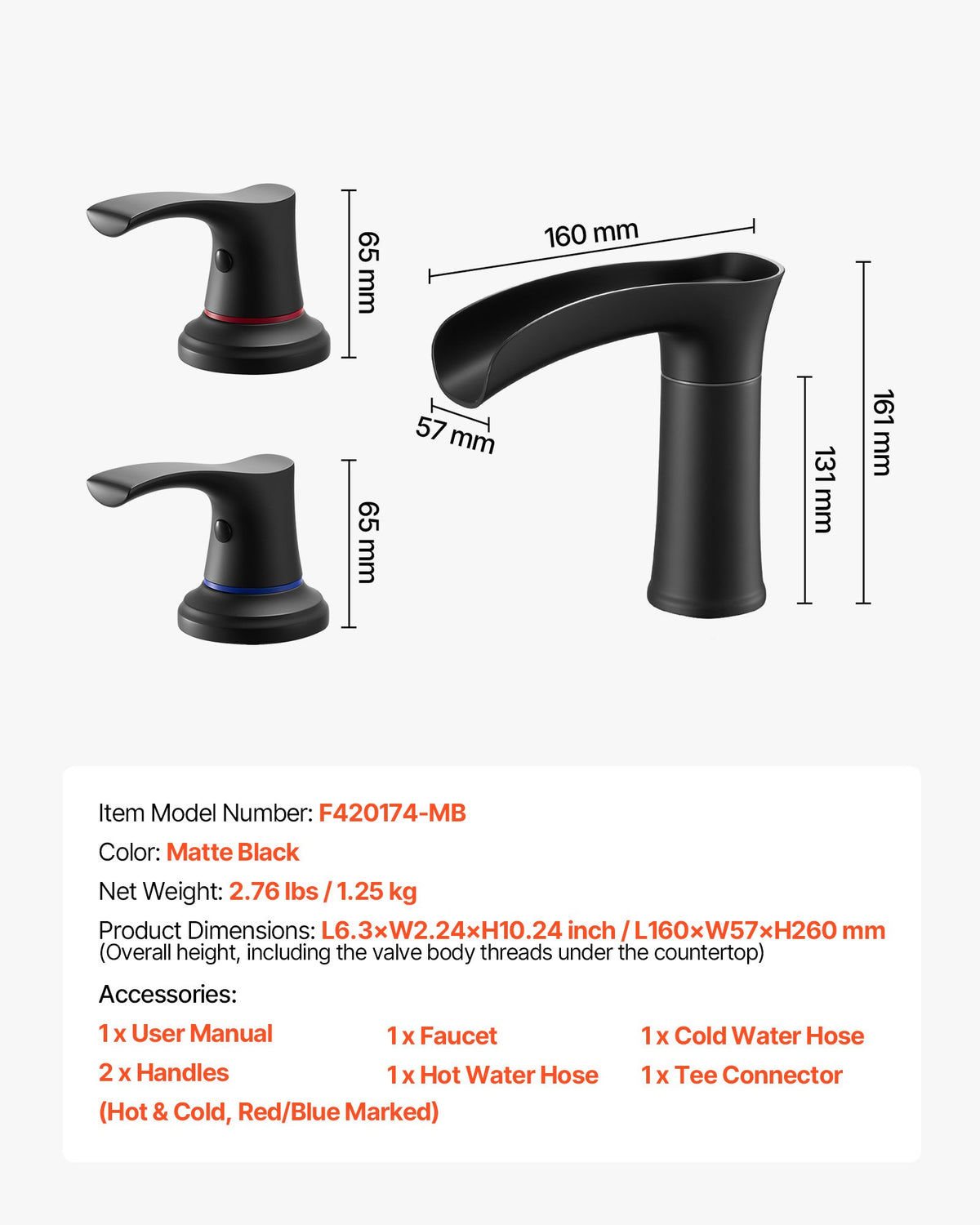 VEVOR Roman Tub Faucet, 3 Hole Waterfall Bathtub Faucet, Zinc Alloy Bath Tubs Faucets Set with 2 Handles, Deck Mount Bath Tub Faucets Set for Pet Washing, Baby Care, Adult Bathing, Matte Black - DFPTKBDHS2GSHU3A9001V0 - view 8