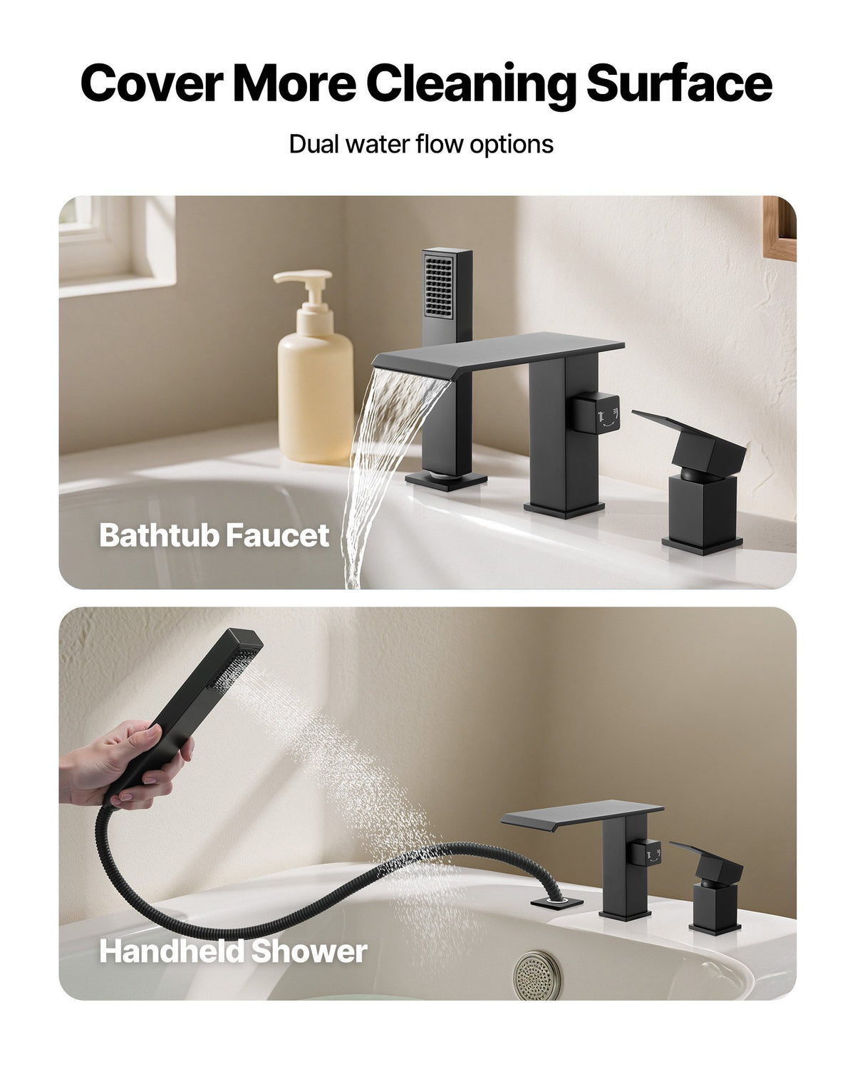 VEVOR Roman Tub Faucet, 3 Hole Waterfall Bathtub Faucet, Roman Bathtub Faucets Set with Shower Head & 1 Handle, Deck Mount Bath Tub Faucets Set for Pet Washing, Baby Care, Adult Bathing, Matte Black - DFPTKDHS1GSB8ZSCG001V0 - view 7
