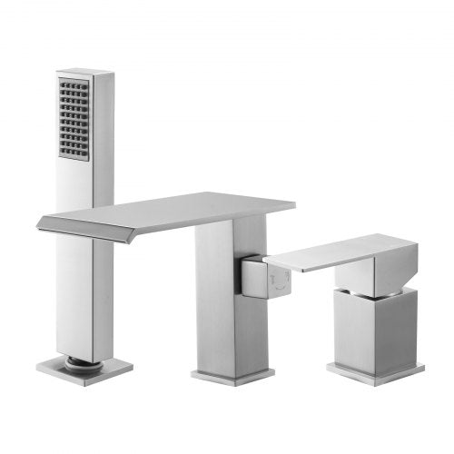VEVOR Roman Tub Faucet, 3 Hole Waterfall Bathtub Faucet, Roman Bathtub Faucets Set with Shower Head & 1 Handle, Deck Mount Bath Tub Faucets Set for Adult Bathing, Brushed Stainless Steel, Drip-Free - DFPTKDHS1GSBT83U7001V0 - view 2