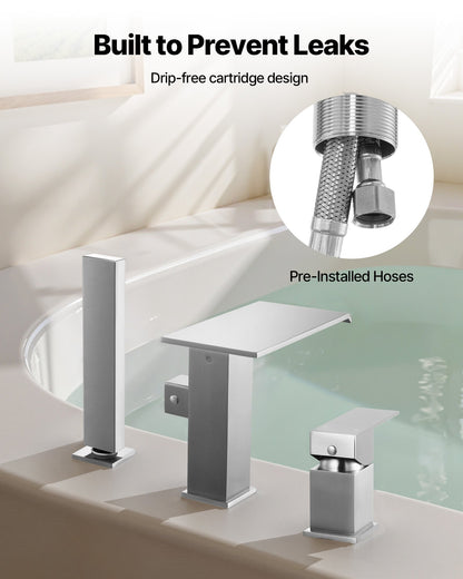 VEVOR Roman Tub Faucet, 3 Hole Waterfall Bathtub Faucet, Roman Bathtub Faucets Set with Shower Head & 1 Handle, Deck Mount Bath Tub Faucets Set for Adult Bathing, Brushed Stainless Steel, Drip-Free - DFPTKDHS1GSBT83U7001V0 - view 6