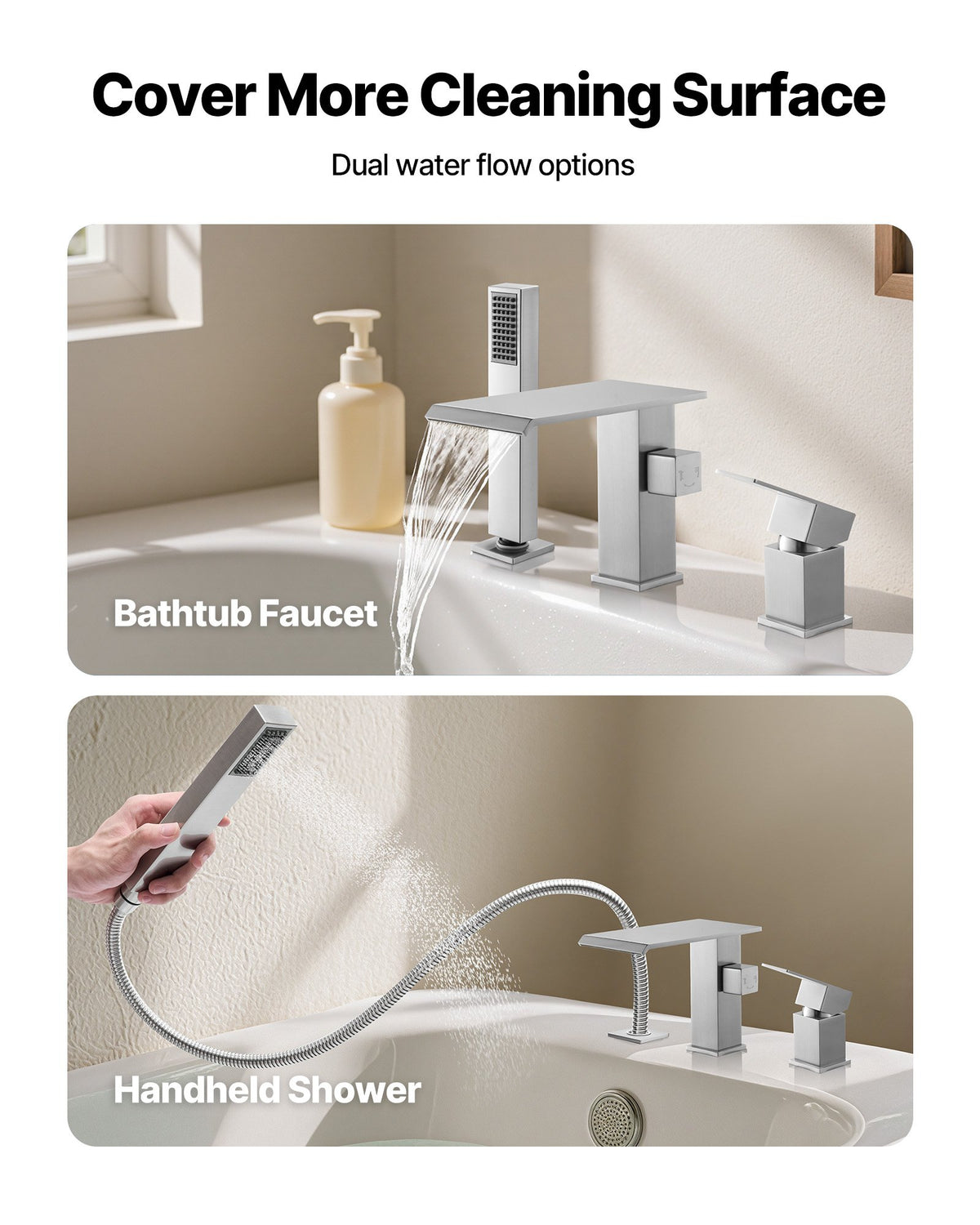 VEVOR Roman Tub Faucet, 3 Hole Waterfall Bathtub Faucet, Roman Bathtub Faucets Set with Shower Head & 1 Handle, Deck Mount Bath Tub Faucets Set for Adult Bathing, Brushed Stainless Steel, Drip-Free - DFPTKDHS1GSBT83U7001V0 - view 7