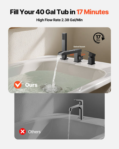 VEVOR Roman Tub Faucet, 3 Hole Waterfall Bathtub Faucet, Widespread Roman Tub Faucets with Shower Head & 1 Handle, Romans Bathtub Faucets for Pet Washing, Adult Bathing, Matte Black, Dual Water Flow - DFPTKDHS1GSBYHC7K001V0 - view 3