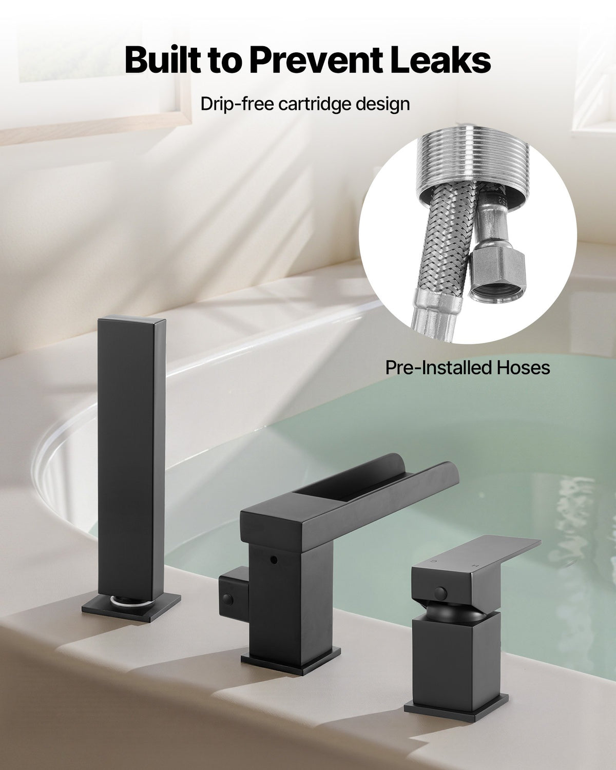 VEVOR Roman Tub Faucet, 3 Hole Waterfall Bathtub Faucet, Widespread Roman Tub Faucets with Shower Head & 1 Handle, Romans Bathtub Faucets for Pet Washing, Adult Bathing, Matte Black, Dual Water Flow - DFPTKDHS1GSBYHC7K001V0 - view 6