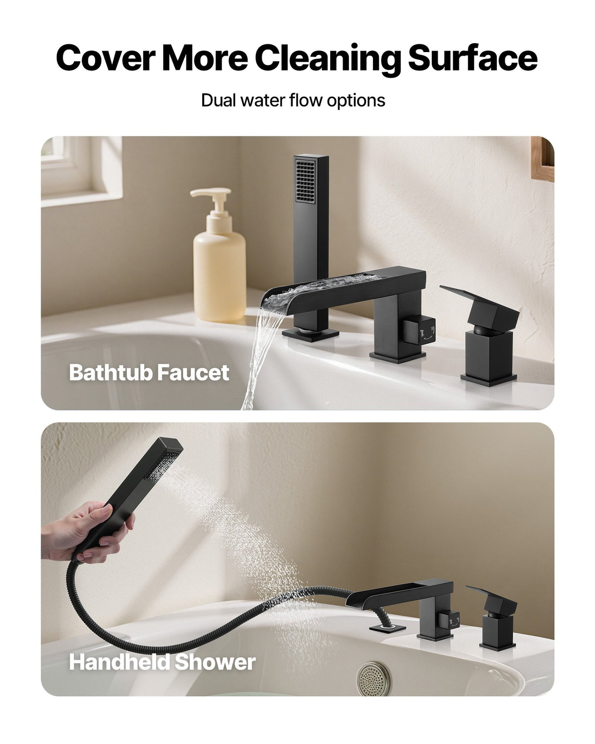 VEVOR Roman Tub Faucet, 3 Hole Waterfall Bathtub Faucet, Widespread Roman Tub Faucets with Shower Head & 1 Handle, Romans Bathtub Faucets for Pet Washing, Adult Bathing, Matte Black, Dual Water Flow - DFPTKDHS1GSBYHC7K001V0 - view 7