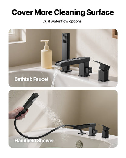 VEVOR Roman Tub Faucet, 3 Hole Waterfall Bathtub Faucet, Widespread Roman Tub Faucets with Shower Head & 1 Handle, Romans Bathtub Faucets for Pet Washing, Adult Bathing, Matte Black, Dual Water Flow - DFPTKDHS1GSBYHC7K001V0 - view 7
