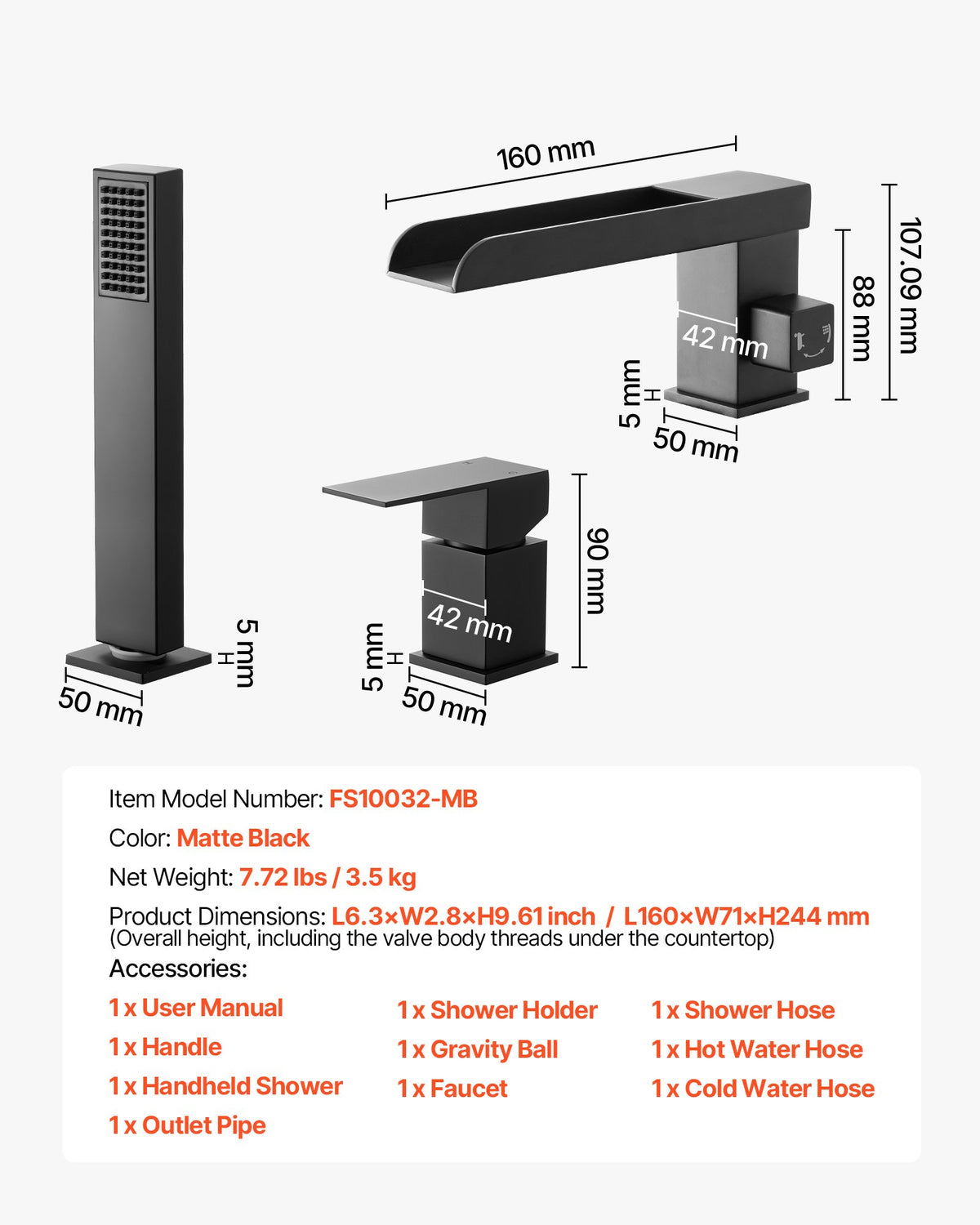 VEVOR Roman Tub Faucet, 3 Hole Waterfall Bathtub Faucet, Widespread Roman Tub Faucets with Shower Head & 1 Handle, Romans Bathtub Faucets for Pet Washing, Adult Bathing, Matte Black, Dual Water Flow - DFPTKDHS1GSBYHC7K001V0 - view 8