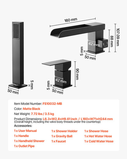 VEVOR Roman Tub Faucet, 3 Hole Waterfall Bathtub Faucet, Widespread Roman Tub Faucets with Shower Head & 1 Handle, Romans Bathtub Faucets for Pet Washing, Adult Bathing, Matte Black, Dual Water Flow - DFPTKDHS1GSBYHC7K001V0 - view 8
