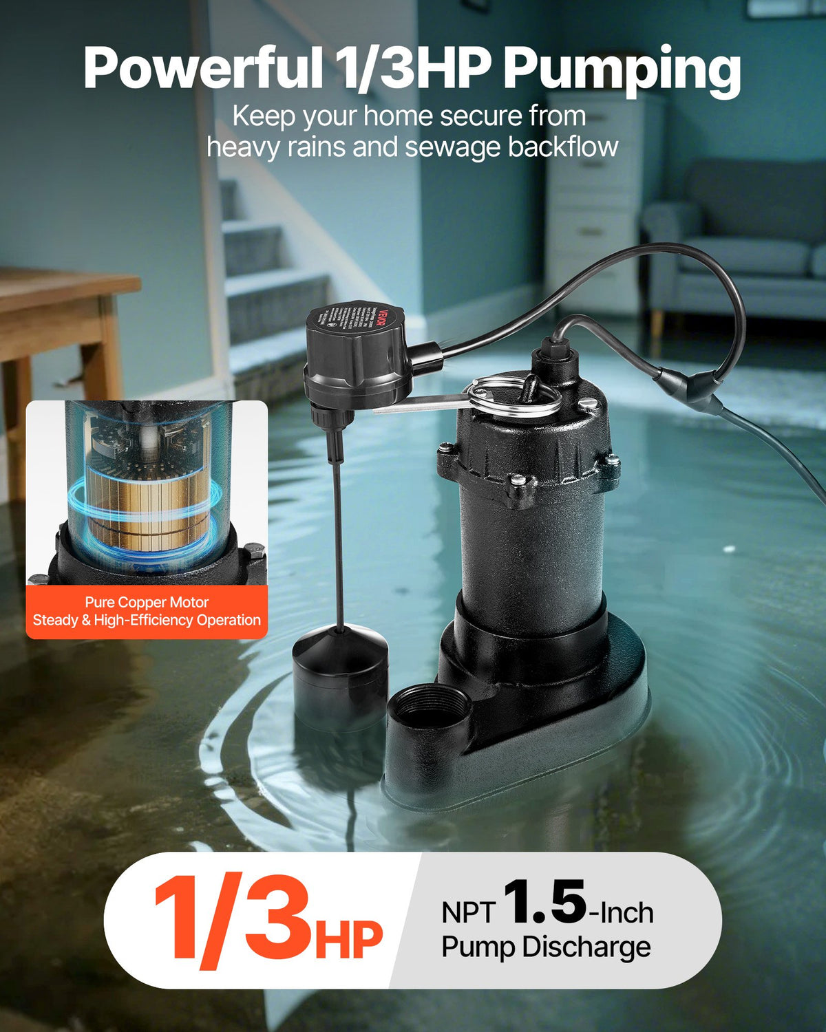 VEVOR Submersible Sewage Pump, 1/3 HP, 3000 GPH Cast Iron Sewage/Effluent Pump with Automatic Float Switch, 1.5-Inch NPT Discharge, 120V, 25 ft Lift, for Basement, Septic Tank, Residential Sump Basin - DFQWSBZT15YC3O9QP001V1 - view 3