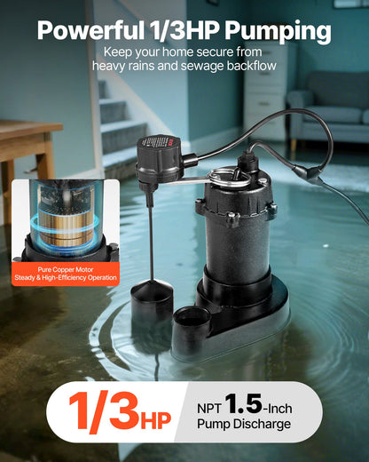 VEVOR Submersible Sewage Pump, 1/3 HP, 3000 GPH Cast Iron Sewage/Effluent Pump with Automatic Float Switch, 1.5-Inch NPT Discharge, 120V, 25 ft Lift, for Basement, Septic Tank, Residential Sump Basin - DFQWSBZT15YC3O9QP001V1 - view 3