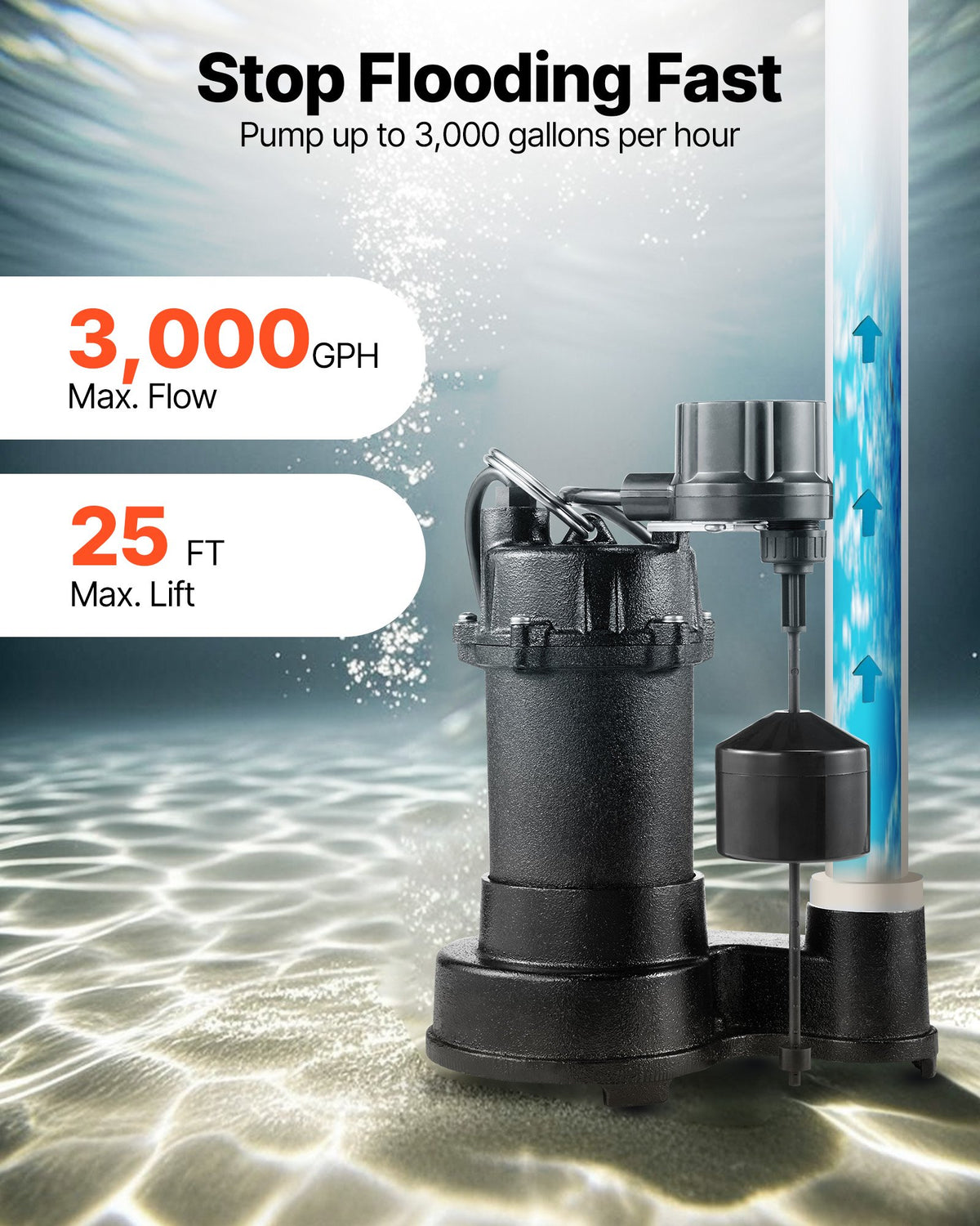 VEVOR Submersible Sewage Pump, 1/3 HP, 3000 GPH Cast Iron Sewage/Effluent Pump with Automatic Float Switch, 1.5-Inch NPT Discharge, 120V, 25 ft Lift, for Basement, Septic Tank, Residential Sump Basin - DFQWSBZT15YC3O9QP001V1 - view 4