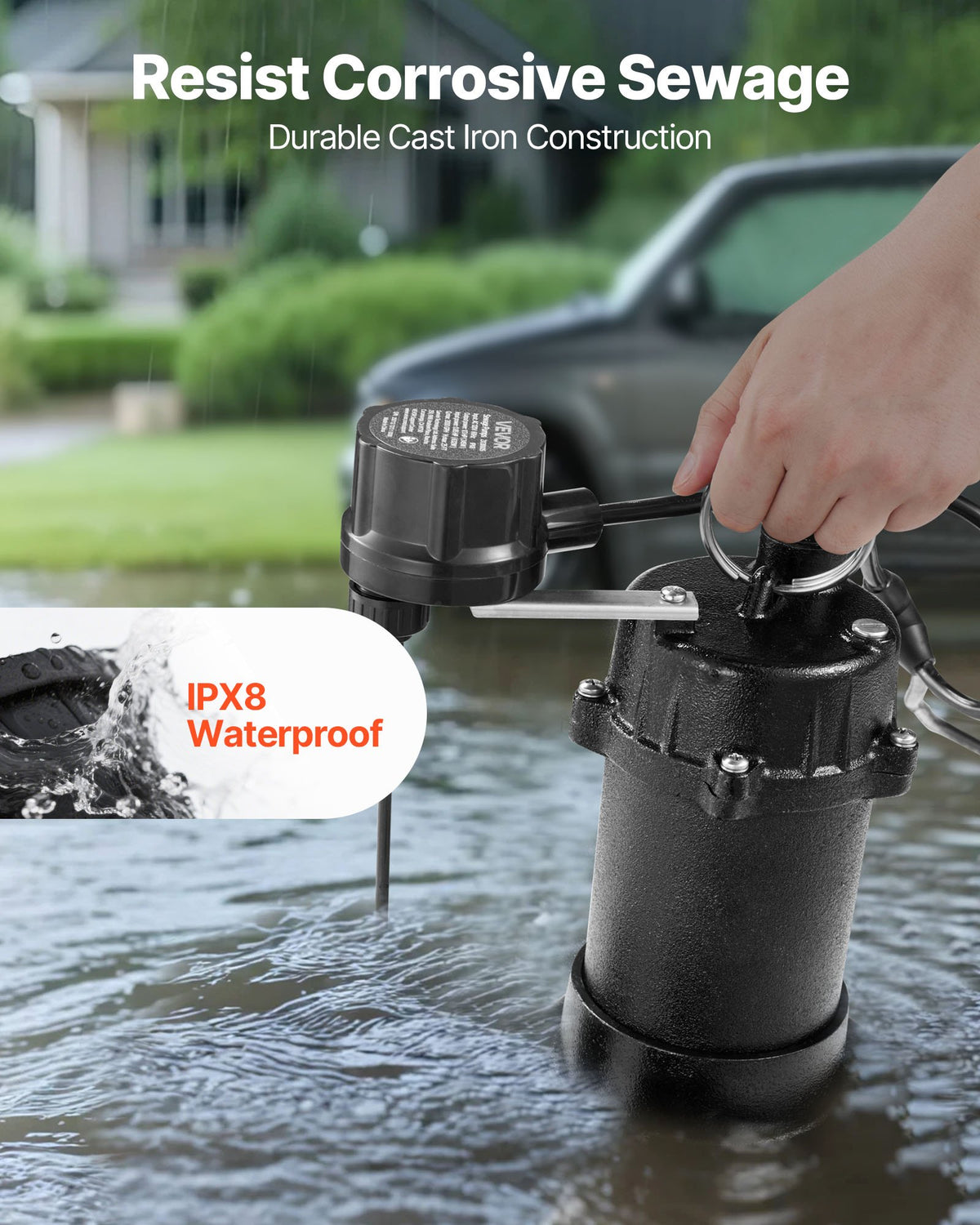 VEVOR Submersible Sewage Pump, 1/3 HP, 3000 GPH Cast Iron Sewage/Effluent Pump with Automatic Float Switch, 1.5-Inch NPT Discharge, 120V, 25 ft Lift, for Basement, Septic Tank, Residential Sump Basin - DFQWSBZT15YC3O9QP001V1 - view 5