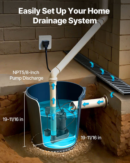 VEVOR Submersible Sewage Pump, 1/3 HP, 3000 GPH Cast Iron Sewage/Effluent Pump with Automatic Float Switch, 1.5-Inch NPT Discharge, 120V, 25 ft Lift, for Basement, Septic Tank, Residential Sump Basin - DFQWSBZT15YC3O9QP001V1 - view 7