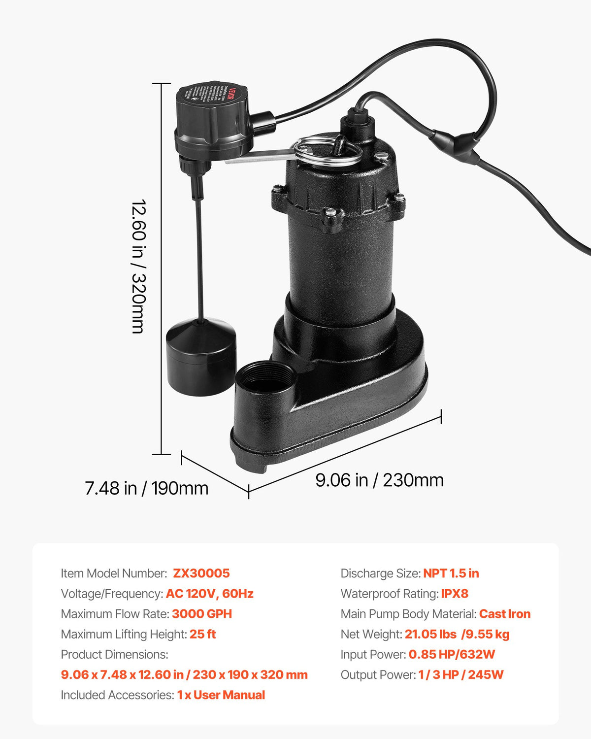 VEVOR Submersible Sewage Pump, 1/3 HP, 3000 GPH Cast Iron Sewage/Effluent Pump with Automatic Float Switch, 1.5-Inch NPT Discharge, 120V, 25 ft Lift, for Basement, Septic Tank, Residential Sump Basin - DFQWSBZT15YC3O9QP001V1 - view 8
