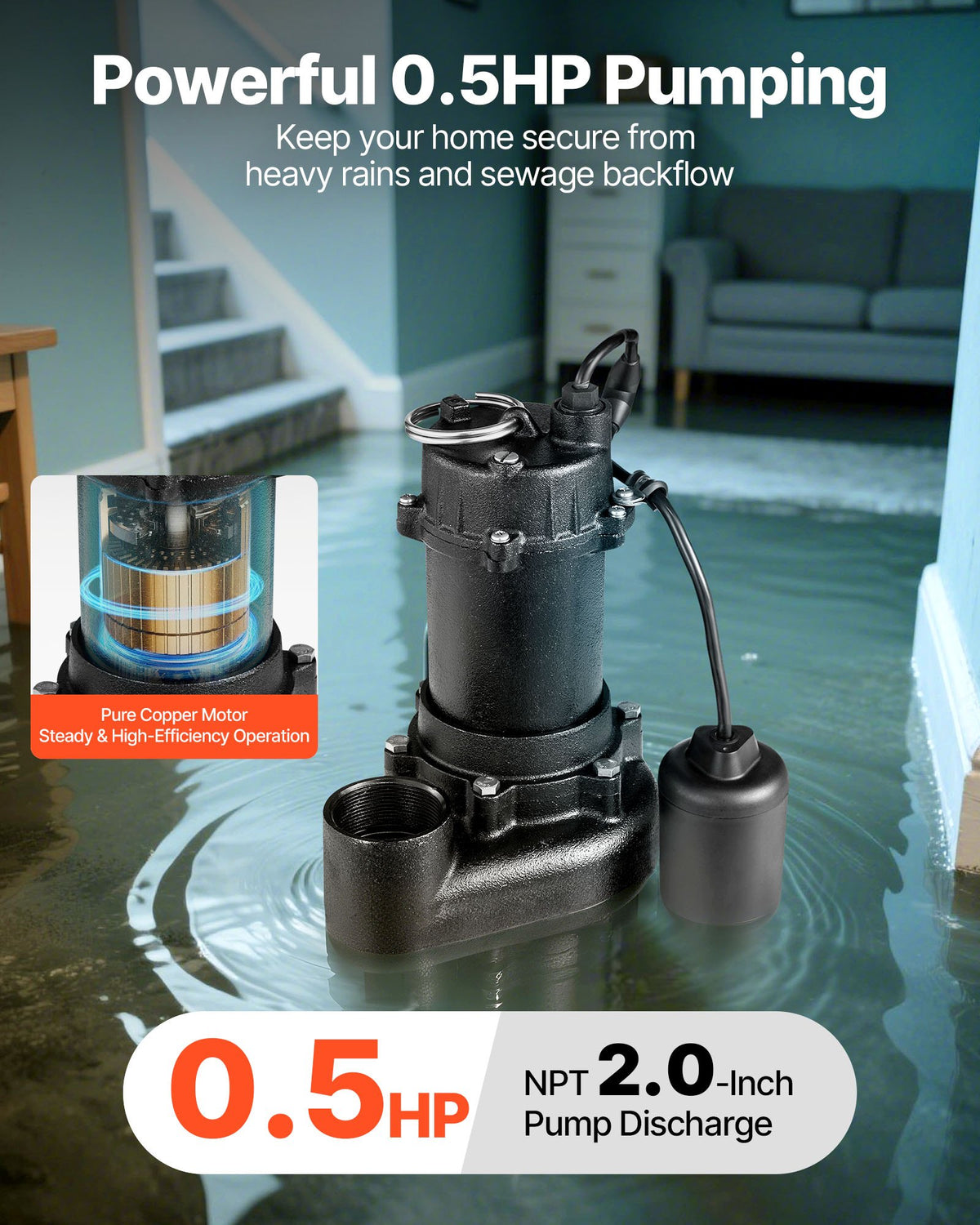 VEVOR Submersible Sewage Pump, 1/2 HP, 6000 GPH Cast Iron Sewage/Effluent Pump with Automatic Tethered Float Switch, 2-Inch NPT Discharge, 120V, 25 ft Max Lift, for Basement, Septic Tank, Residential - DFQWSBZT2YC01B18P001V1 - view 3