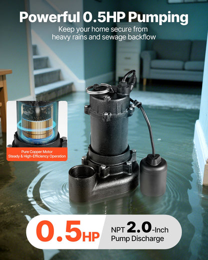 VEVOR Submersible Sewage Pump, 1/2 HP, 6000 GPH Cast Iron Sewage/Effluent Pump with Automatic Tethered Float Switch, 2-Inch NPT Discharge, 120V, 25 ft Max Lift, for Basement, Septic Tank, Residential - DFQWSBZT2YC01B18P001V1 - view 3