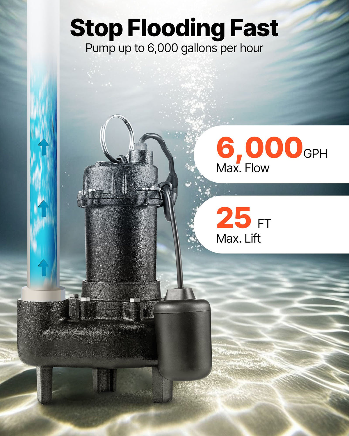 VEVOR Submersible Sewage Pump, 1/2 HP, 6000 GPH Cast Iron Sewage/Effluent Pump with Automatic Tethered Float Switch, 2-Inch NPT Discharge, 120V, 25 ft Max Lift, for Basement, Septic Tank, Residential - DFQWSBZT2YC01B18P001V1 - view 4