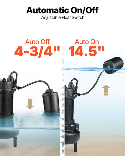 VEVOR Submersible Sewage Pump, 1/2 HP, 6000 GPH Cast Iron Sewage/Effluent Pump with Automatic Tethered Float Switch, 2-Inch NPT Discharge, 120V, 25 ft Max Lift, for Basement, Septic Tank, Residential - DFQWSBZT2YC01B18P001V1 - view 6