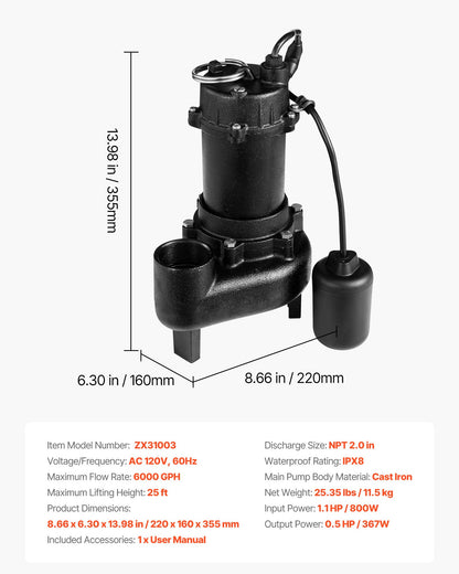 VEVOR Submersible Sewage Pump, 1/2 HP, 6000 GPH Cast Iron Sewage/Effluent Pump with Automatic Tethered Float Switch, 2-Inch NPT Discharge, 120V, 25 ft Max Lift, for Basement, Septic Tank, Residential - DFQWSBZT2YC01B18P001V1 - view 8