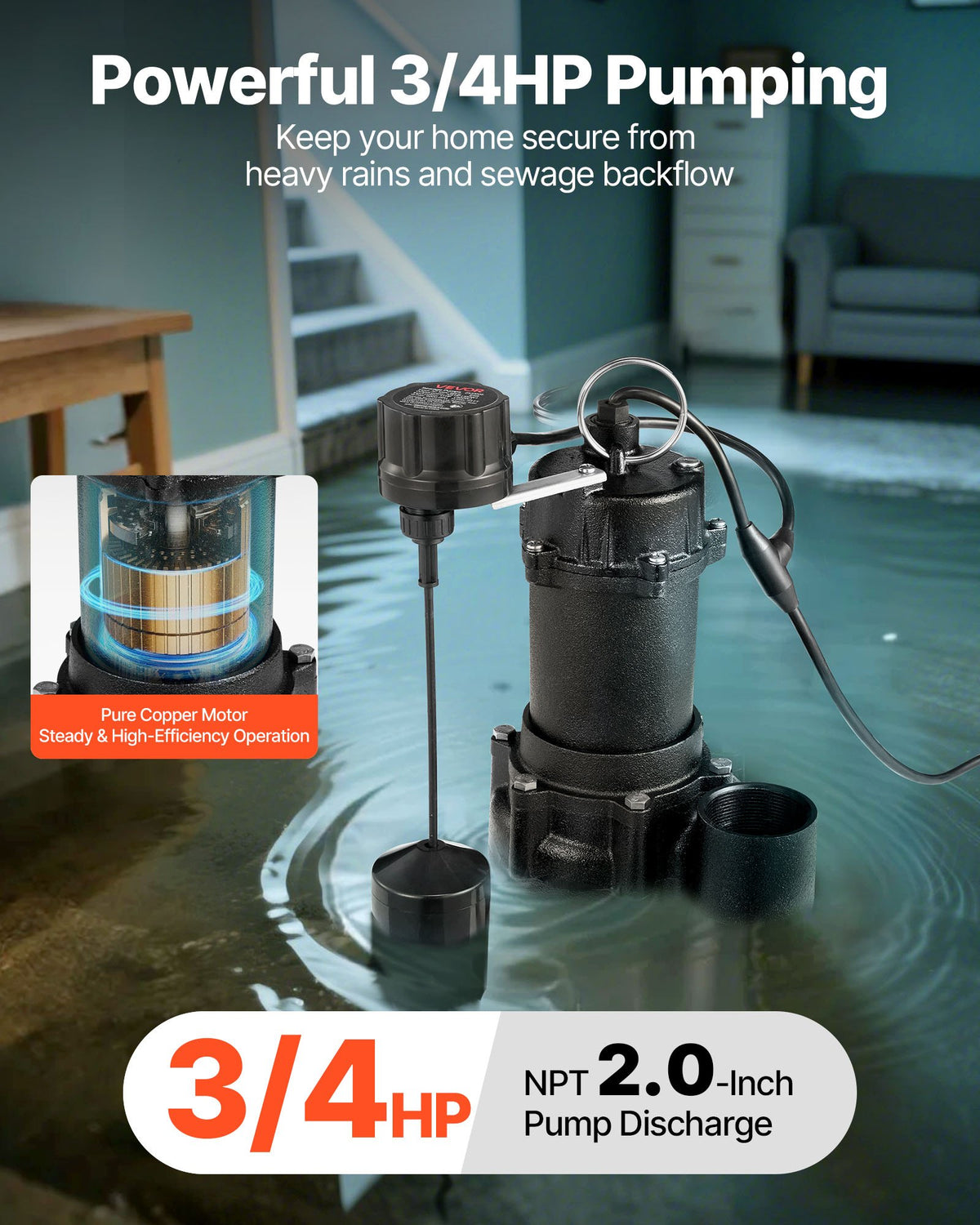 VEVOR Submersible Sewage Pump, 3/4 HP, 6000 GPH Cast Iron Sewage/Effluent Pump with Automatic Tethered Float Switch, 2-Inch NPT Discharge, 120V, 23 ft Max Lift, for Basement, Septic Tank, Residential - DFQWSBZT2YC09TIB0001V1 - view 3