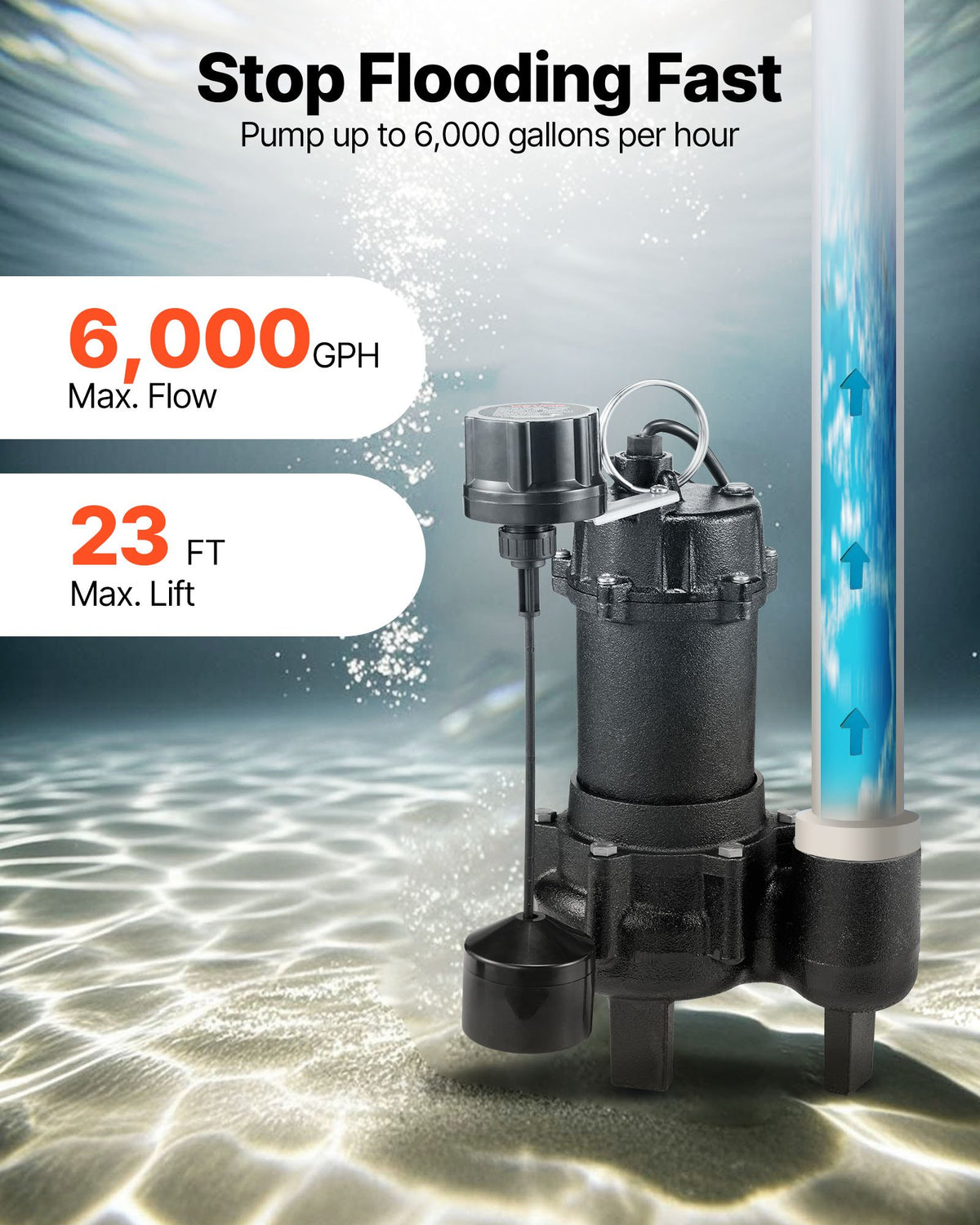 VEVOR Submersible Sewage Pump, 3/4 HP, 6000 GPH Cast Iron Sewage/Effluent Pump with Automatic Tethered Float Switch, 2-Inch NPT Discharge, 120V, 23 ft Max Lift, for Basement, Septic Tank, Residential - DFQWSBZT2YC09TIB0001V1 - view 4