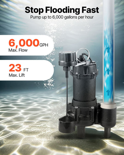 VEVOR Submersible Sewage Pump, 3/4 HP, 6000 GPH Cast Iron Sewage/Effluent Pump with Automatic Tethered Float Switch, 2-Inch NPT Discharge, 120V, 23 ft Max Lift, for Basement, Septic Tank, Residential - DFQWSBZT2YC09TIB0001V1 - view 4