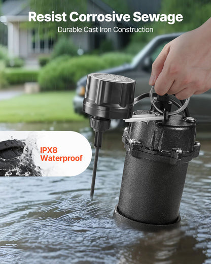VEVOR Submersible Sewage Pump, 3/4 HP, 6000 GPH Cast Iron Sewage/Effluent Pump with Automatic Tethered Float Switch, 2-Inch NPT Discharge, 120V, 23 ft Max Lift, for Basement, Septic Tank, Residential - DFQWSBZT2YC09TIB0001V1 - view 5