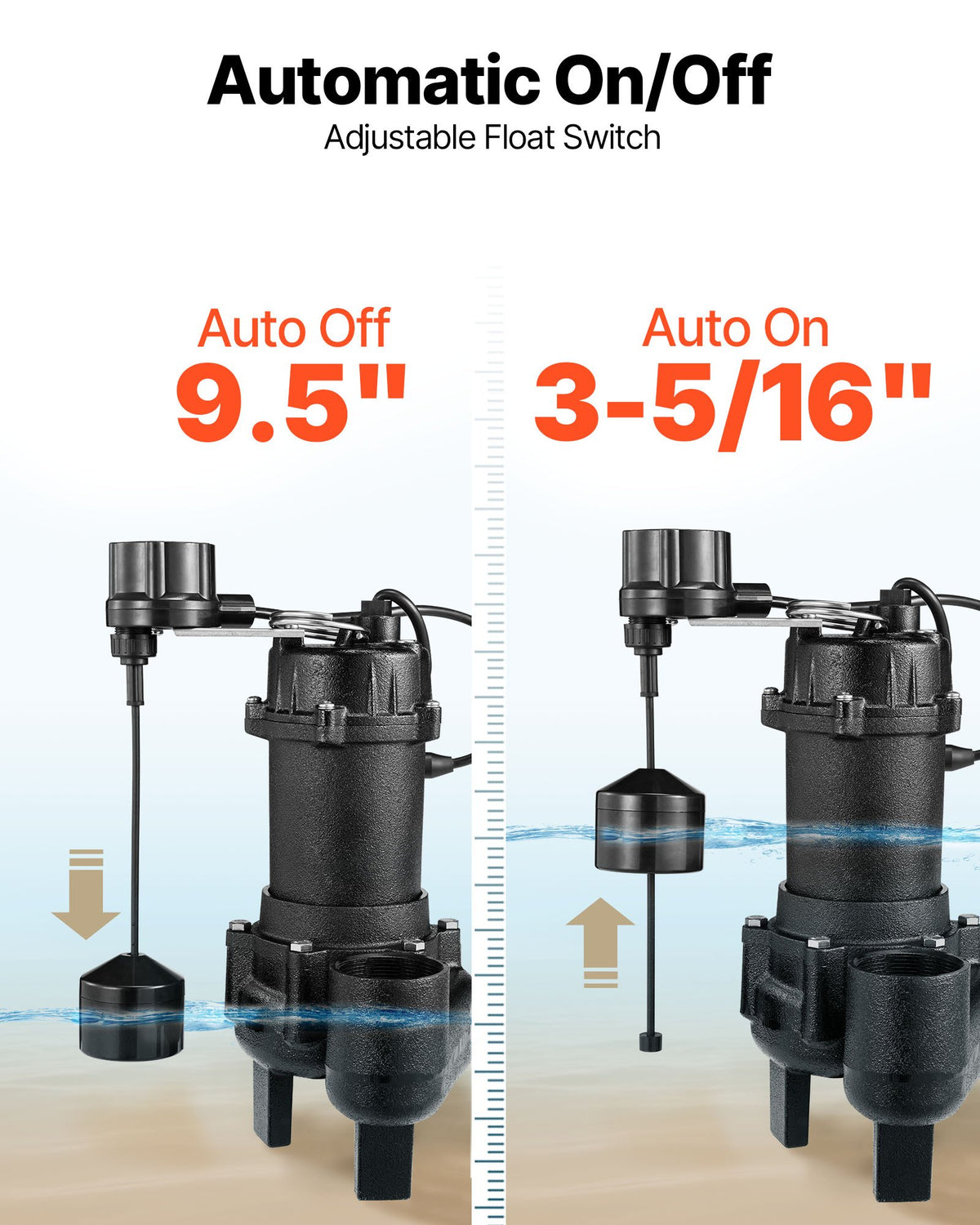VEVOR Submersible Sewage Pump, 3/4 HP, 6000 GPH Cast Iron Sewage/Effluent Pump with Automatic Tethered Float Switch, 2-Inch NPT Discharge, 120V, 23 ft Max Lift, for Basement, Septic Tank, Residential - DFQWSBZT2YC09TIB0001V1 - view 6