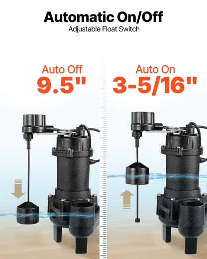 VEVOR Submersible Sewage Pump, 3/4 HP, 6000 GPH Cast Iron Sewage/Effluent Pump with Automatic Tethered Float Switch, 2-Inch NPT Discharge, 120V, 23 ft Max Lift, for Basement, Septic Tank, Residential - DFQWSBZT2YC09TIB0001V1 - view 6