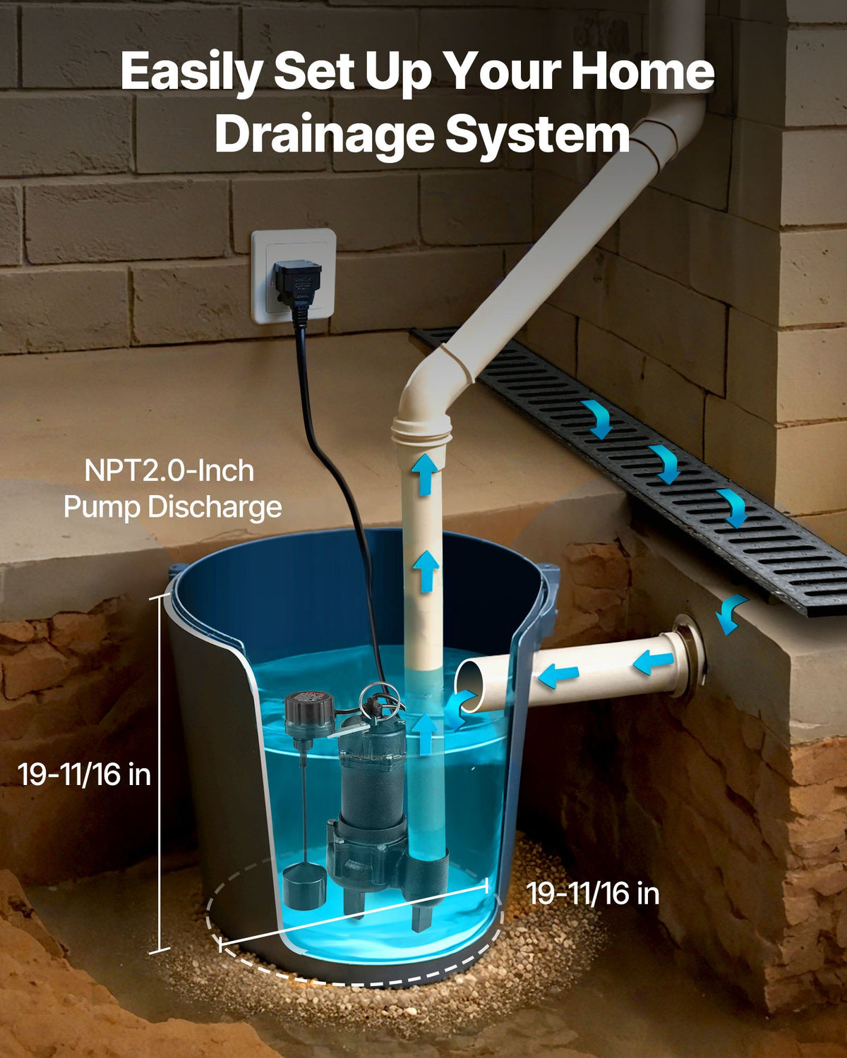 VEVOR Submersible Sewage Pump, 3/4 HP, 6000 GPH Cast Iron Sewage/Effluent Pump with Automatic Tethered Float Switch, 2-Inch NPT Discharge, 120V, 23 ft Max Lift, for Basement, Septic Tank, Residential - DFQWSBZT2YC09TIB0001V1 - view 7