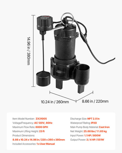 VEVOR Submersible Sewage Pump, 3/4 HP, 6000 GPH Cast Iron Sewage/Effluent Pump with Automatic Tethered Float Switch, 2-Inch NPT Discharge, 120V, 23 ft Max Lift, for Basement, Septic Tank, Residential - DFQWSBZT2YC09TIB0001V1 - view 8
