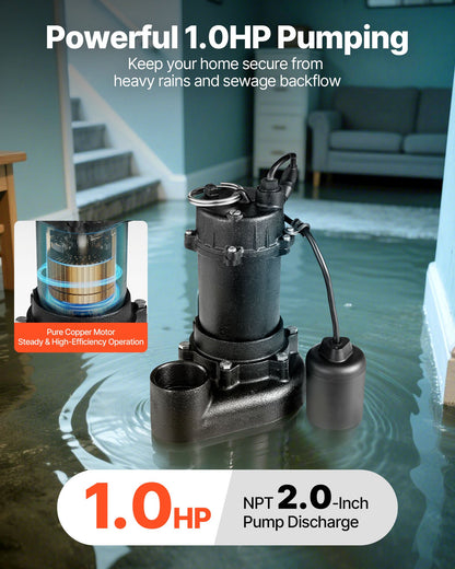 VEVOR Submersible Sewage Pump, 1 HP, 5200 GPH Cast Iron Sewage/Effluent Pump with Automatic Tethered Float Switch, 2-Inch NPT Discharge, 120V, 25 ft Max Lift, for Basement, Septic Tank, Residential - DFQWSBZT2YC1WT6MC001V1 - view 3