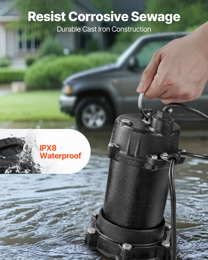 VEVOR Submersible Sewage Pump, 1 HP, 5200 GPH Cast Iron Sewage/Effluent Pump with Automatic Tethered Float Switch, 2-Inch NPT Discharge, 120V, 25 ft Max Lift, for Basement, Septic Tank, Residential - DFQWSBZT2YC1WT6MC001V1 - view 5