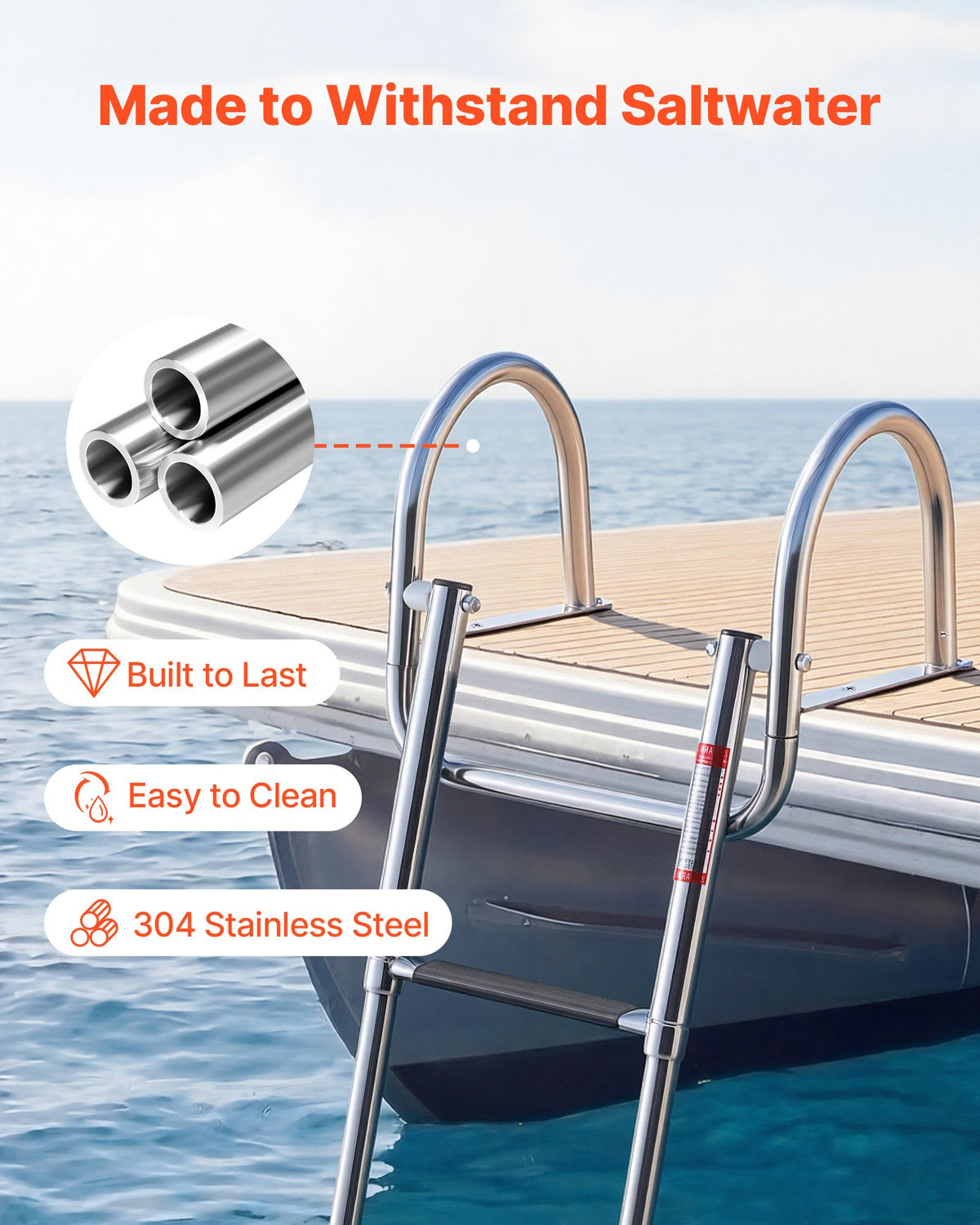 VEVOR Boat Ladder, 3 Steps, Stainless Steel Telescoping Folding Swim Deck Ladder for Rear Entry Inboard, 600 lbs Capacity with Wide Anti-Slip Steps & Handrails, for Outboards, Yacht, Pontoon Boats - DFSCTBXG3STEQ71S7001V0 - view 3